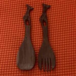 Hand-Carved Wooden Salad Servers - Dark Brown